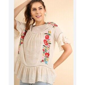 Altar’d State Floral Embroidered Ruffle Sleeve Skirted Boho Blouse Size Medium